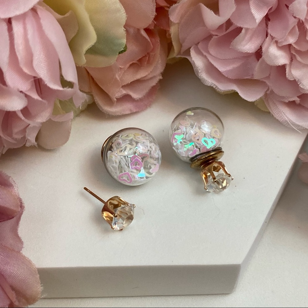 Double Stud Iridescent Heart Confetti Earrings - Picture 9 of 16